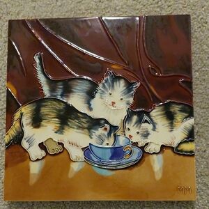 Cat Ceramic Tile with Cats and Blue Teacup